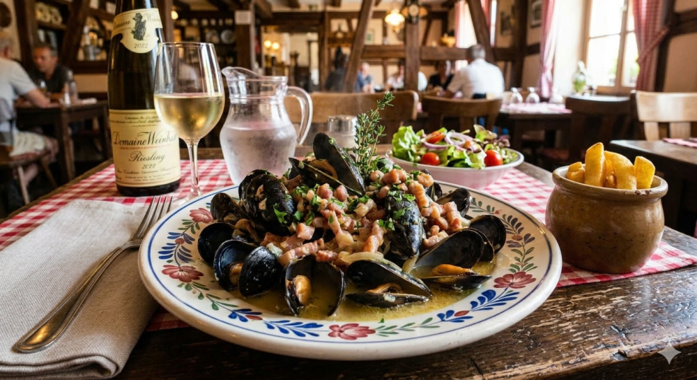photo d'un repas de moule sauce munster et lardons